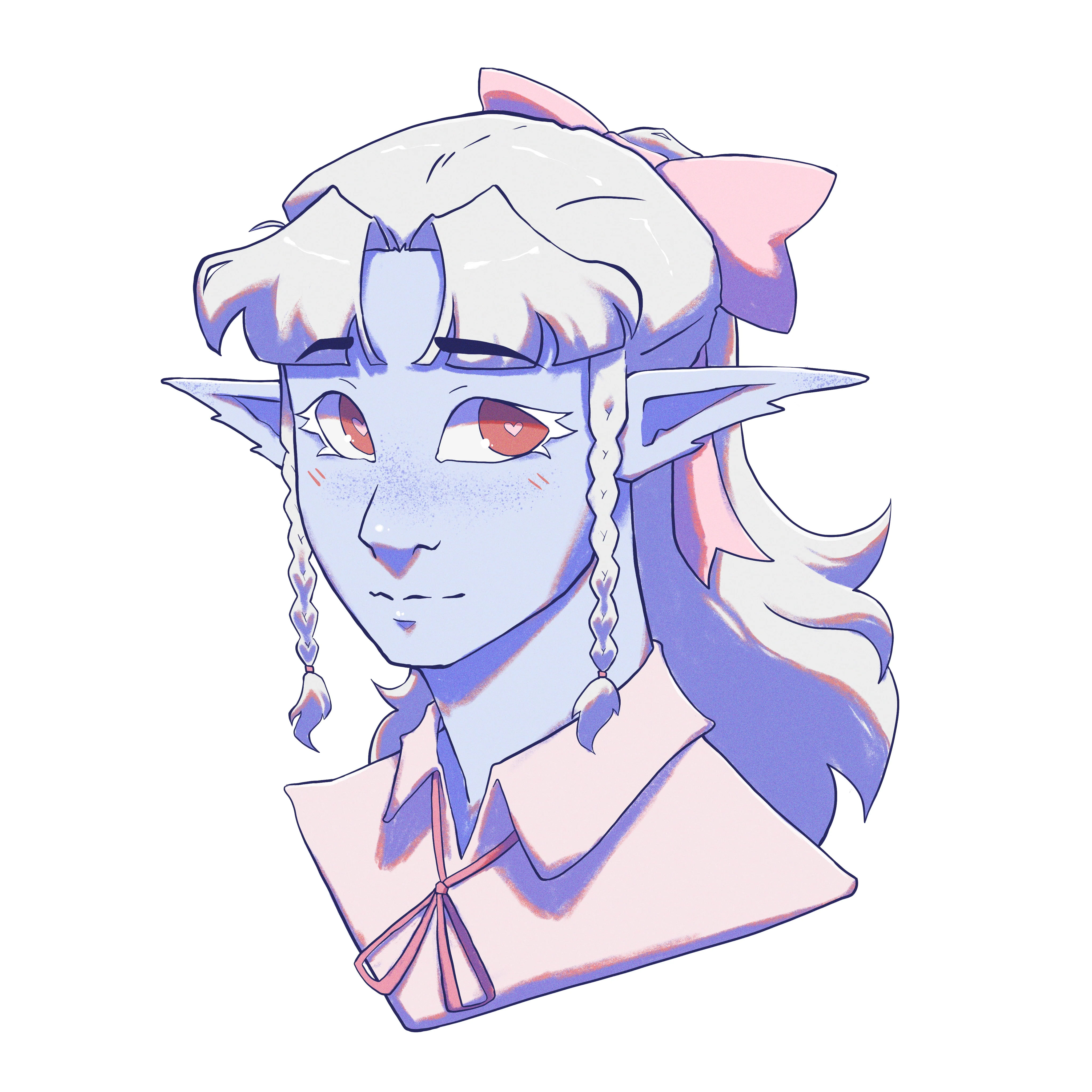 a digital headshot illustration of a pale-ish elf with red eyes and white hair.